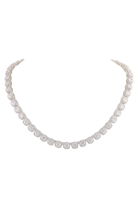 Prihan Luxury Jewelry_Silver Plated Imitation Diamonds Geometric Cubic Zircon Necklace Set _Online_at_Aza_Fashions