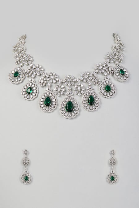 Shop Prihan Luxury Jewelry Green Crystals, Stones Floral Cubic Zircon Diamond Necklace Set at Aza Fashions Shop_Prihan Luxury Jewelry_Green Crystals, Stones Floral Cubic Zircon Diamond Necklace Set _at_Aza_Fashions
