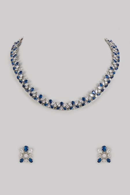 Shop Prihan Luxury Jewelry Blue Stones, Crystals Zircon Embellished Necklace Set at Aza Fashions Shop_Prihan Luxury Jewelry_Blue Stones, Crystals Zircon Embellished Necklace Set _at_Aza_Fashions