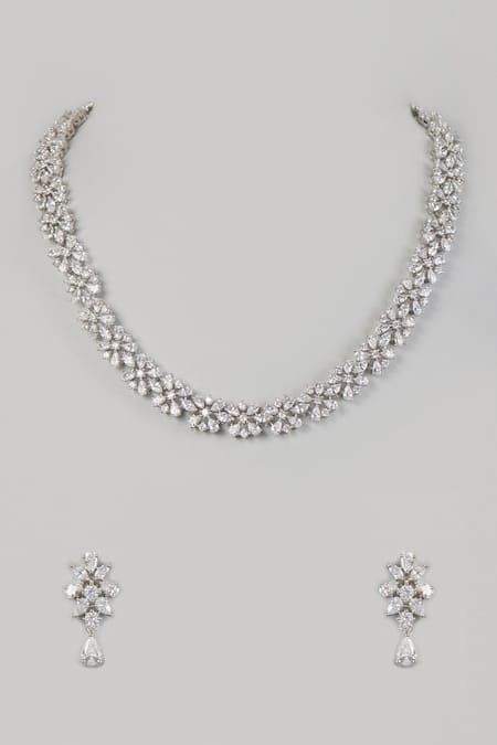 Shop_Prihan Luxury Jewelry_Silver Plated Crystals Zircon Diamond Embellished Necklace Set _at_Aza_Fashions