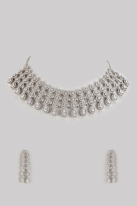 Shop Prihan Luxury Jewelry Silver Plated Imitation Diamonds Zircon Geometric Cutwork Necklace Set at Aza Fashions Shop_Prihan Luxury Jewelry_Silver Plated Imitation Diamonds Zircon Geometric Cutwork Necklace Set _at_Aza_Fashions