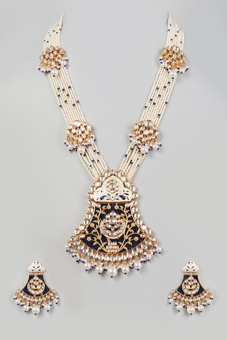 Shop Prihan Luxury Jewelry Blue Pearls Floral Meena Pendant Long Necklace Set at Aza Fashions Shop_Prihan Luxury Jewelry_Blue Pearls Floral Meena Pendant Long Necklace Set _at_Aza_Fashions
