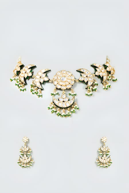 Shop Prihan Luxury Jewelry Gold Plated Pearls, Gota Patti Chaand Embellished Necklace Set at Aza Fashions Shop_Prihan Luxury Jewelry_Gold Plated Pearls, Gota Patti Chaand Embellished Necklace Set _at_Aza_Fashions