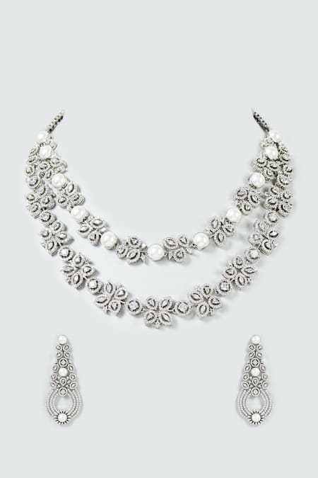 Prihan Luxury Jewelry Cubic Zircon Diamond Floral Necklace Set 