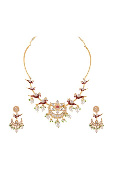 Shop Prihan Luxury Jewelry Red Pearls, Stones Botanic Embellished Necklace Set at Aza Fashions Shop_Prihan Luxury Jewelry_Red Pearls, Stones Botanic Embellished Necklace Set _at_Aza_Fashions