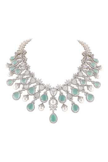 Buy_Prihan Luxury Jewelry_Green Pearls, Stones, Cut Work Drop Embellished Zircon Necklace Set _Online_at_Aza_Fashions