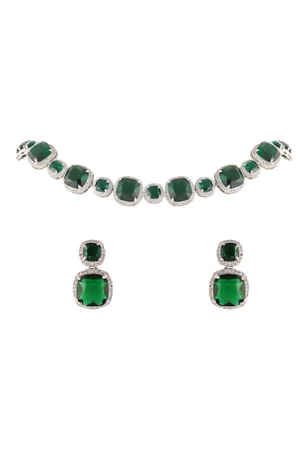 Shop Prihan Luxury Jewelry Green Crystals, Stones Geometric Studded Necklace Set at Aza Fashions Shop_Prihan Luxury Jewelry_Green Crystals, Stones Geometric Studded Necklace Set _at_Aza_Fashions