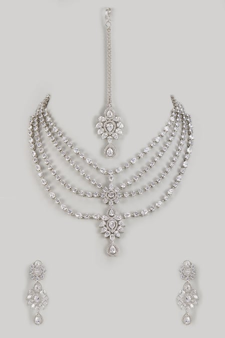 Shop Prihan Luxury Jewelry Silver Plated Crystals Cubic Zircon Layered Necklace Set at Aza Fashions Shop_Prihan Luxury Jewelry_Silver Plated Crystals Cubic Zircon Layered Necklace Set _at_Aza_Fashions