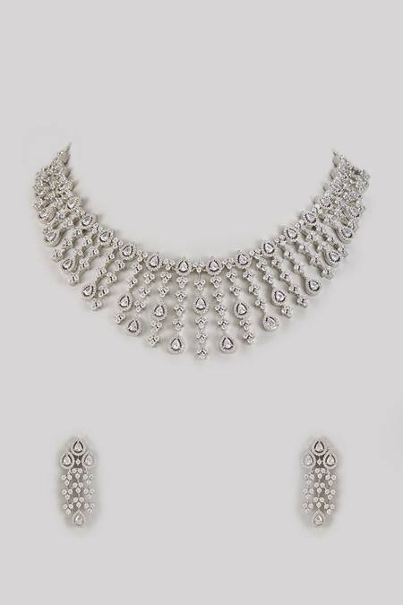 Shop Prihan Luxury Jewelry Silver Plated Crystals Diamond Embellished Necklace Set at Aza Fashions Shop_Prihan Luxury Jewelry_Silver Plated Crystals Diamond Embellished Necklace Set_at_Aza_Fashions