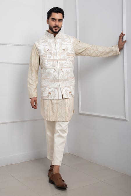 Smriti by Anju Agarwal Ivory Linen Satin Embroidered Thread Flora And Fauna Nehru Jacket 