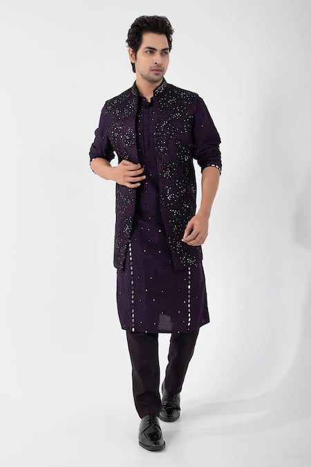 Smriti by Anju Agarwal Purple Linen Satin Embroidered Thread Mirror Nehru Jacket 