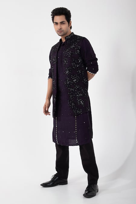 Smriti By Anju Agarwal_Purple Linen, Satin Beads, Embroidery Floral Mirror Nehru Jacket _Online_at_Aza_Fashions