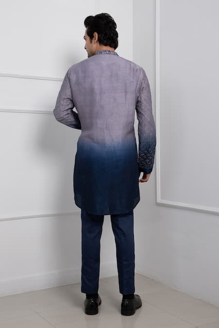 Smriti By Anju Agarwal_Blue Silk, Cotton Embroidery Azure Frost Ombre Kurta And Pant Set _Online_at_Aza_Fashions