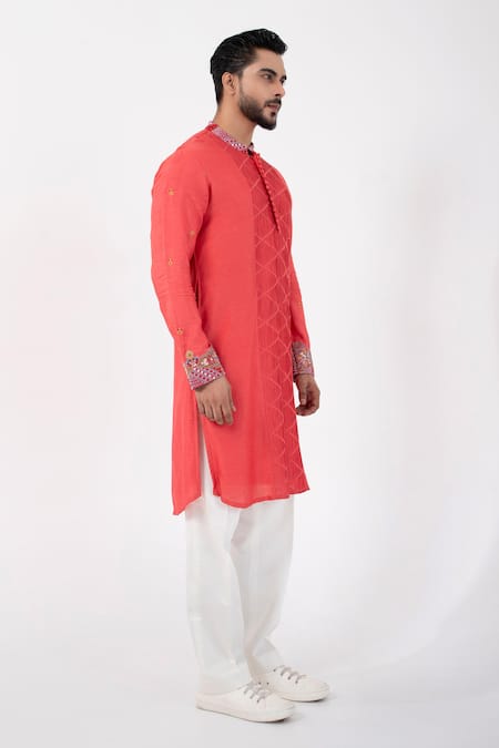 Shop_Smriti By Anju Agarwal_Orange Silk, Cotton Beads, Embroidery Kurta And Pant Set _Online_at_Aza_Fashions