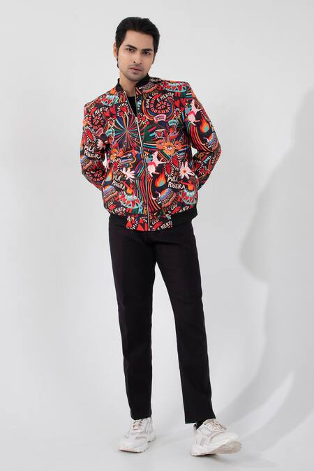 Buy Multi Color Satin Hand Embroidered Chromatic Abstract Print Bomber ...