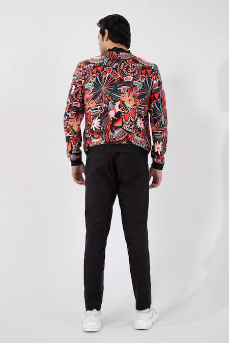 Smriti By Anju Agarwal_Multi Color Satin Sequins, Embroidery Chromatic Abstract Print Bomber Jacket _Online_at_Aza_Fashions