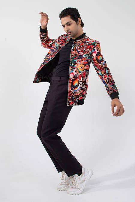Buy_Smriti By Anju Agarwal_Multi Color Satin Sequins, Embroidery Chromatic Abstract Print Bomber Jacket _Online_at_Aza_Fashions