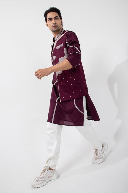 Buy_Smriti By Anju Agarwal_Maroon Handloom Cotton Beads, Embroidery Hand Nehru Jacket _Online_at_Aza_Fashions