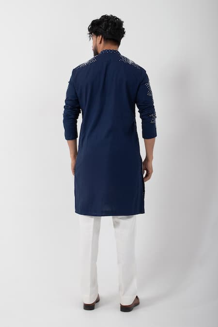 Smriti By Anju Agarwal_Blue Handloom , Beads, Embroidery Abyssal Hand Kurta With Pant _Online_at_Aza_Fashions
