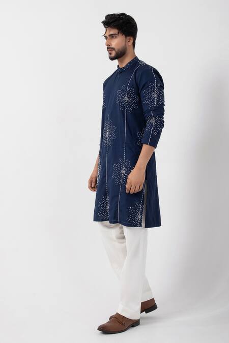 Shop_Smriti By Anju Agarwal_Blue Handloom , Beads, Embroidery Abyssal Hand Kurta With Pant _Online_at_Aza_Fashions