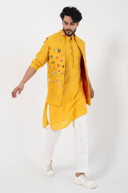 Shop_Smriti By Anju Agarwal_Yellow Silk Sequins, Beads Embroidered Nehru Jacket _Online_at_Aza_Fashions