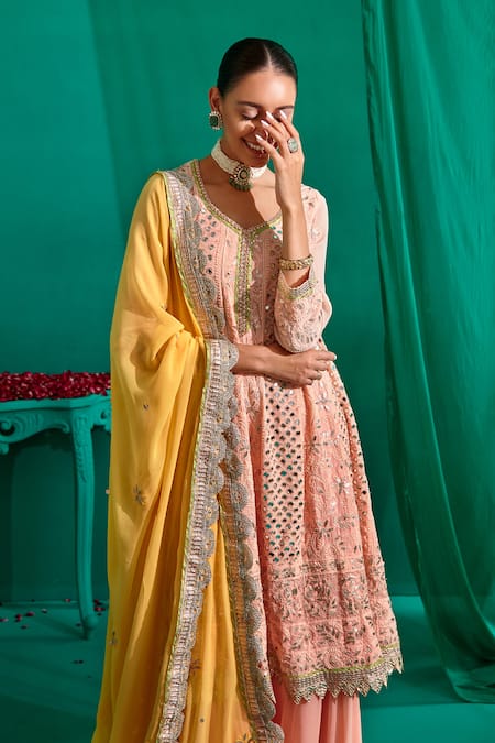 Mustard Moon by Neyha and Vrinda Peach Georgette Embroidered Lucknowi Thread Leaf Neck Kurta Sharara Set 