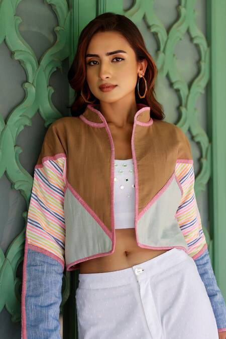 Buy_Gulaal_Multi Color , Satin Patchwork Mandarin Collar Jacket_Online_at_Aza_Fashions