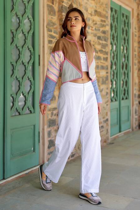 Shop_Gulaal_Multi Color , Satin Patchwork Mandarin Collar Jacket_Online_at_Aza_Fashions