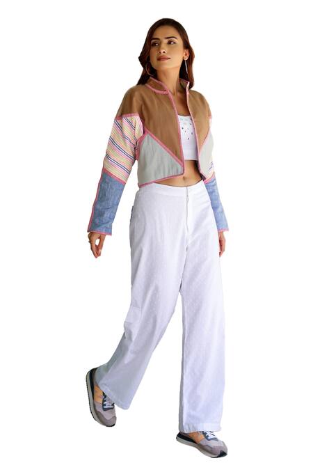 Gulaal_Multi Color , Satin Patchwork Mandarin Collar Jacket_at_Aza_Fashions