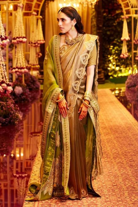 Masaba Green Saree And Unstitched Blouse Piece Tissue Paan Border Set With Dupatta 