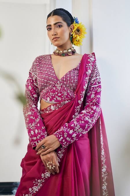 Shop_Label Deepshika Agarwal_Magenta Satin, Organza Cut Work, Sequins, Embroidery Cutdana Saree With Blouse _Online_at_Aza_Fashions