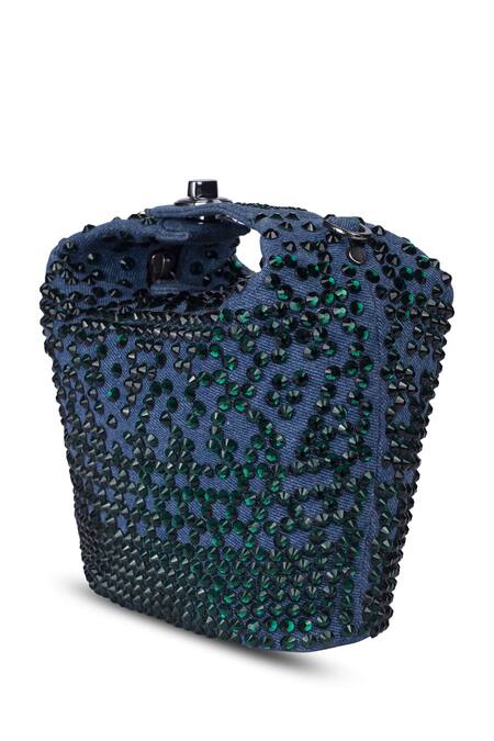 Etcetera_Blue Emerald Crystals Embellished Pouch _Online_at_Aza_Fashions