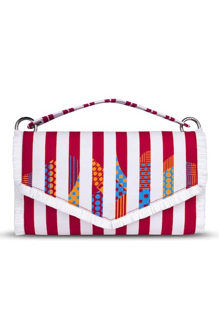 Etcetera_Red Geometric Striped Print Envelope Clutch _Online_at_Aza_Fashions