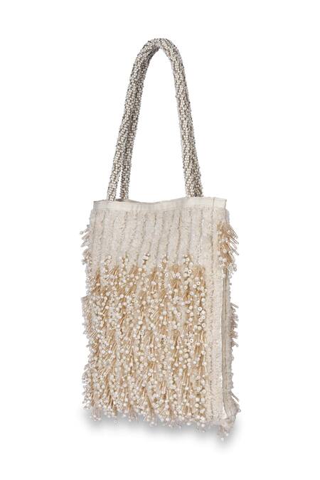 ETCETERA_Off White Bugle Beads Embellished Cotton Tote Bag_Online_at_Aza_Fashions