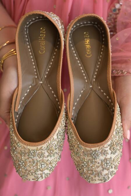 Shop_Coral Haze_Cream Zardosi Sadaf Embellished Juttis _at_Aza_Fashions