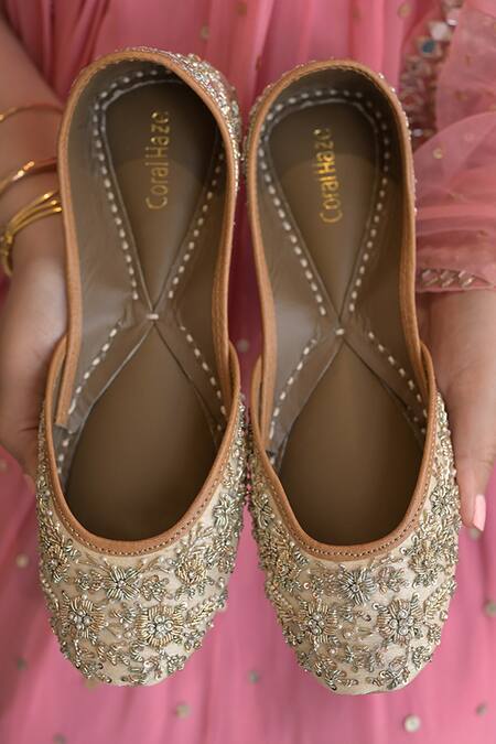 Shop_Coral Haze_Cream Zardosi Sadaf Embellished Juttis _Online_at_Aza_Fashions