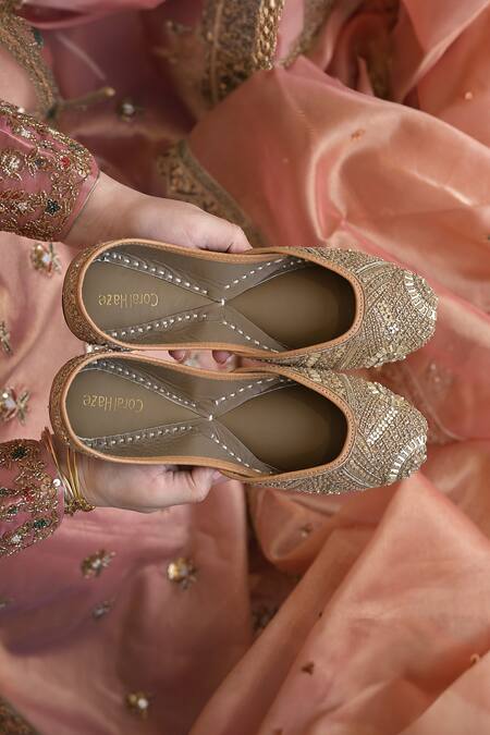 Coral Haze_Gold Aara Embellished Juttis_at_Aza_Fashions