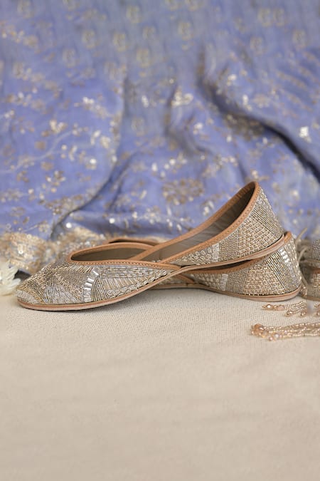 Shop_Coral Haze_Gold Zardosi Zoha Embellished Juttis _Online_at_Aza_Fashions