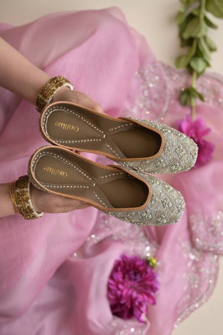 Coral Haze Silver Zari, Rhinestones, Pearls Mahnoor Embellished Juttis at Aza Fashions Coral Haze_Silver Zari, Rhinestones, Pearls Mahnoor Embellished Juttis _at_Aza_Fashions