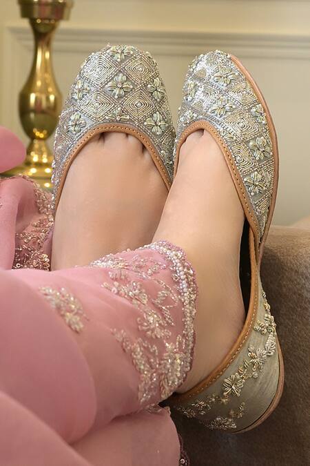 Shop Coral Haze Silver Zari, Rhinestones, Pearls Mahnoor Embellished Juttis Shop_Coral Haze_Silver Zari, Rhinestones, Pearls Mahnoor Embellished Juttis