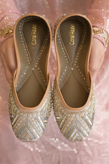 Shop_Coral Haze_Gold Parina Embellished Juttis _at_Aza_Fashions