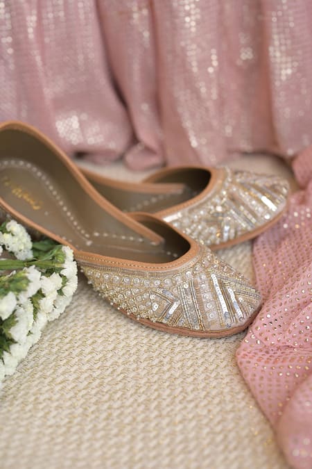Shop_Coral Haze_Gold Parina Embellished Juttis _Online_at_Aza_Fashions
