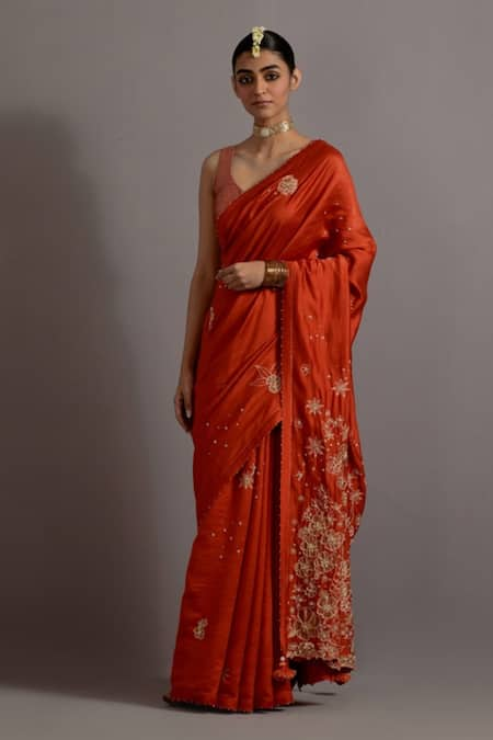 Deep Thee Orange Silk Hand Embroidered Floral Appliques Leaf Saree With Blouse 