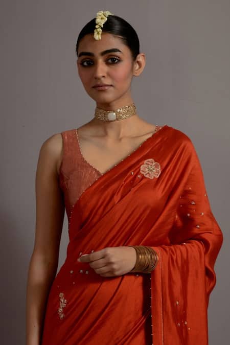 Deep Thee_Orange Silk, Tissue Beads, Applique Floral Embroidered Saree With Blouse _Online_at_Aza_Fashions