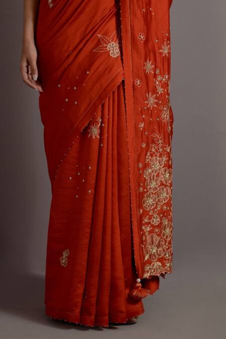 Buy_Deep Thee_Orange Silk, Tissue Beads, Applique Floral Embroidered Saree With Blouse _Online_at_Aza_Fashions