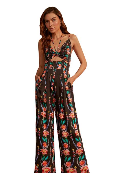 NOIB Black Modal, Satin Halter Neck Chloe Climbing Flower Print Jumpsuit Online at Aza Fashions NOIB_Black Modal, Satin Halter Neck Chloe Climbing Flower Print Jumpsuit _Online_at_Aza_Fashions