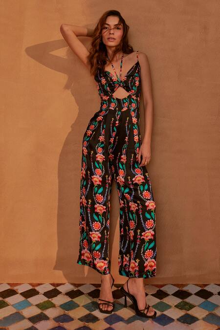 Shop NOIB Black Modal, Satin Halter Neck Chloe Climbing Flower Print Jumpsuit Online at Aza Fashions Shop_NOIB_Black Modal, Satin Halter Neck Chloe Climbing Flower Print Jumpsuit _Online_at_Aza_Fashions
