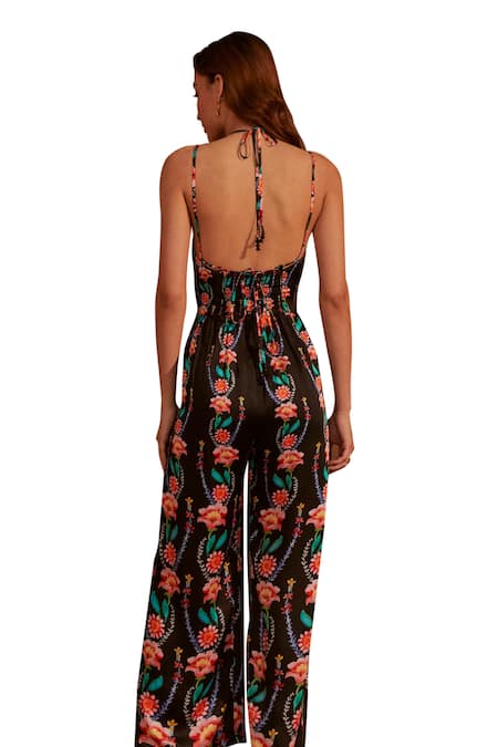 Buy NOIB Black Modal, Satin Halter Neck Chloe Climbing Flower Print Jumpsuit Buy_NOIB_Black Modal, Satin Halter Neck Chloe Climbing Flower Print Jumpsuit