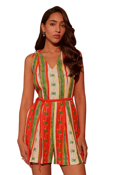 NOIB_Multi Color Linen, Lycra V-neck Eleni Running Palm Print Playsuit _Online_at_Aza_Fashions