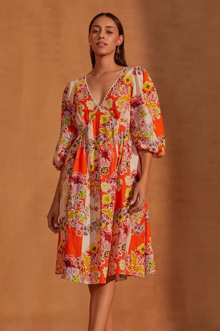 NOIB Multi Color Linen, Lycra V-neck Eva Floral Vine Print Midi Dress